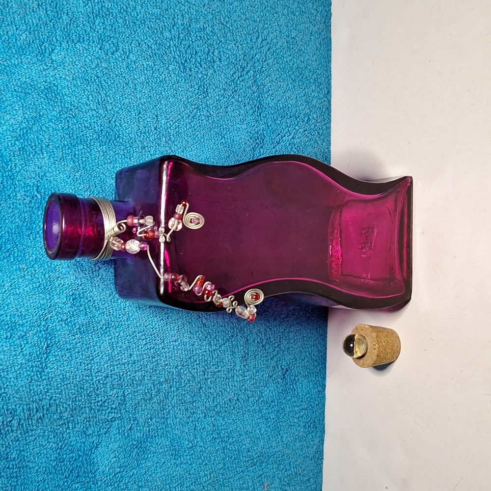 Pink Glass Decorative Bottle, Fushia, Bright Pink, Cute Decor With Beads - Picture 10 of 11